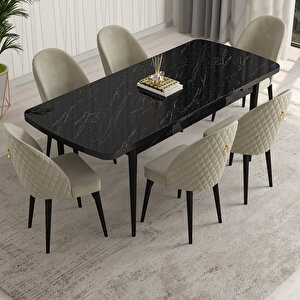 Modica Siyah Mermer  Desen 80x132 Suntalam Açılabilir Mutfak Masası Takımı 6 Adet Sandalye