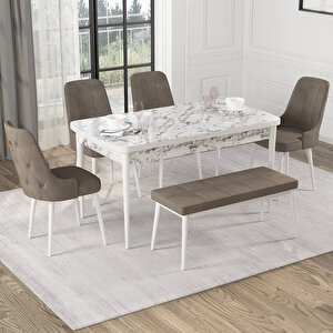 Mateo Beyaz Mermer Desen 80x132 Suntalam Açılabilir Mutfak Masası Takımı 4 Sandalye, 1 Bench