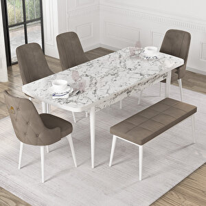 Mateo Beyaz Mermer Desen 80x132 Suntalam Açılabilir Mutfak Masası Takımı 4 Sandalye, 1 Bench