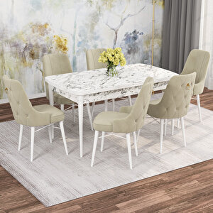 Alaska Beyaz Mermer Desen 80x132 Suntalam Açılabilir Mutfak Masası Takımı 6 Adet Sandalye