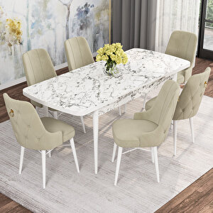 Alaska Beyaz Mermer Desen 80x132 Suntalam Açılabilir Mutfak Masası Takımı 6 Adet Sandalye