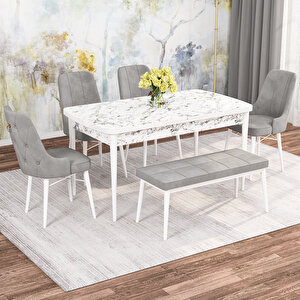 Alaska Beyaz Mermer Desen 80x132 Suntalam Açılabilir Mutfak Masası Takımı 4 Sandalye, 1 Bench