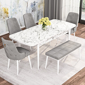 Alaska Beyaz Mermer Desen 80x132 Suntalam Açılabilir Mutfak Masası Takımı 4 Sandalye, 1 Bench
