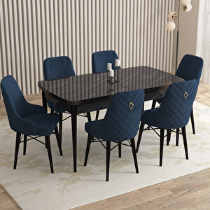 Queen Siyah Mermer  Desen 80x132 Suntalam Açılabilir Mutfak Masası Takımı 6 Adet Sandalye