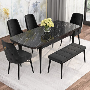 Alaska Siyah Mermer  Desen 80x132 Suntalam Açılabilir Mutfak Masası Takımı 4 Sandalye, 1 Bench