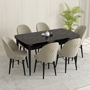 Olbia Siyah Mermer  Desen 80x132 Suntalam Açılabilir Mutfak Masası Takımı 6 Adet Sandalye