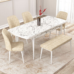 Zayn Beyaz Mermer Desen 80x132 Suntalam Açılabilir Mutfak Masası Takımı 4 Sandalye, 1 Bench
