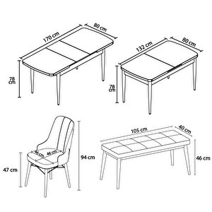 Alaska Meşe Desen 80x132 Suntalam Açılabilir Mutfak Masası Takımı 4 Sandalye, 1 Bench