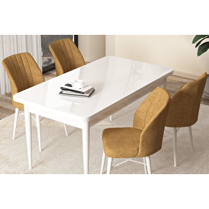 Hardalgraph Açılabilir Beyaz Yemek Masası Ve 4 Hardal Sandalye