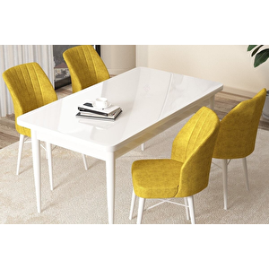 Açılabilir Beyaz Yemek Masası Ve 4 Sarı Sandalye