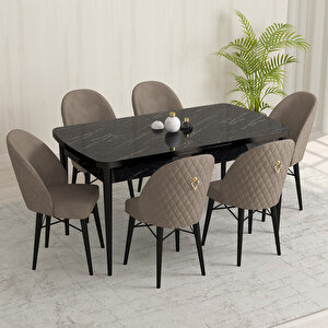 Olbia Siyah Mermer  Desen 80x132 Suntalam Açılabilir Mutfak Masası Takımı 6 Adet Sandalye