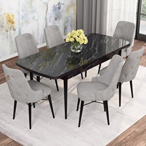 Alaska Siyah Mermer  Desen 80x132 Suntalam Açılabilir Mutfak Masası Takımı 6 Adet Sandalye