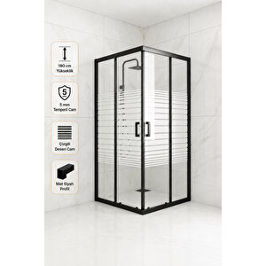 Duşakabin Kare Çizgili Desen 5 Mm Temperli Cam 190 Cm Yükseklik Siyah Profil - 105x120 Cm 105x120 cm