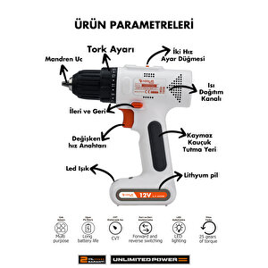 12V 2.0Ah Şarjlı Matkap Akülü Vidalama Dahili Batarya TYPC-E Usb'li