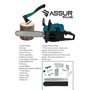 Assur Plus Ekstra Güçlü 52cc 2.9 Hp 8000 Rpm Benzinli Ağaç Odun Dal Kesme Makinesi Motorlu Testere Hızar Motoru