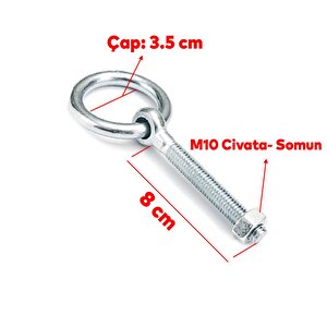 Delikli Halkalı Metal Paslanmaz Civata M10 Somunlu Sabitleme Çekme Kaldırma Tavan Kancası Asma Kit