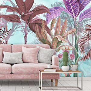 Tropik Renkli Yapraklar Desenli Isı Ve Ses Yalıtımlı Sağlık Dostu Kumaş Poster Duvar Kağıdı