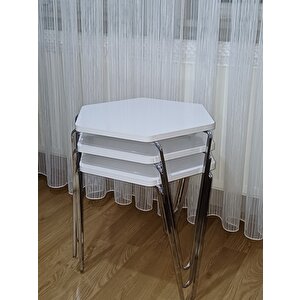 Diamond Beyaz,Gümüş Metal Ayaklı 3 Lü Zigon Sehpa Takımı