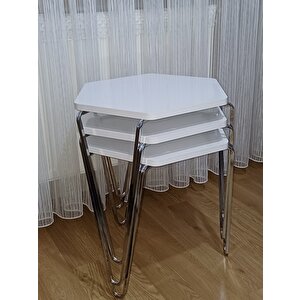 Diamond Beyaz,Gümüş Metal Ayaklı 3 Lü Zigon Sehpa Takımı