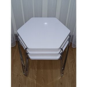 Diamond Beyaz,Gümüş Metal Ayaklı 3 Lü Zigon Sehpa Takımı