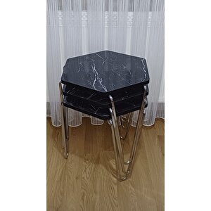 Diamond Siyah,Gümüş Metal Ayaklı 3 Lü Zigon Sehpa Takımı