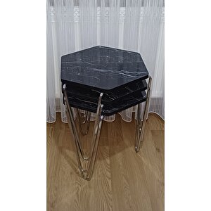 Diamond Siyah,Gümüş Metal Ayaklı 3 Lü Zigon Sehpa Takımı