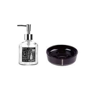 Banyo Seti,Siyah Etiketli Cam Sıvı Sabunluk Ve Akrilik Siyah Taşlı Sabunluk