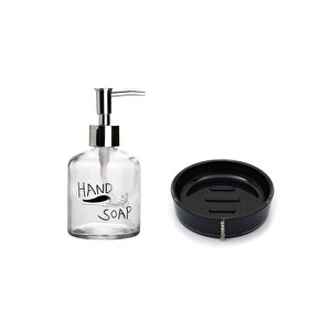 Banyo Seti,El Sabunu Yazılı Cam Sıvı Sabunluk Ve Akrilik Siyah Taşlı Sabunluk
