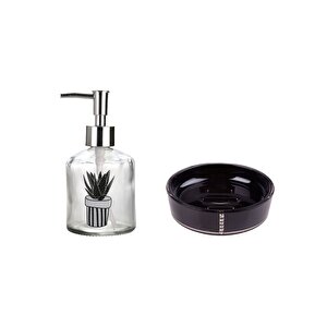 Banyo Seti,Bitki Desenli Cam Sıvı Sabunluk Ve Akrilik Siyah Taşlı Sabunluk