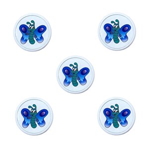 5 Adet Çocuk Odası Mobilya Kulp Tekli Düğme Çap 55 Mm Mavi Kelebek