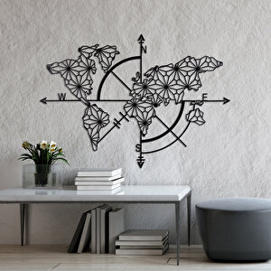Pusulalı Dünya Haritası Ev & Ofis Metal Duvar Tablosu - 90 x 130 Cm