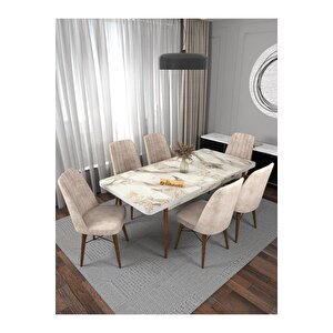 Kaffa Home Riff Serisi Efes 80x130 Açılabilir Masa, 6 Kişilik Yemek Masası, Mutfak Masası , Masa Takımı - Krem