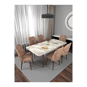 Kaffa Home Riff Serisi Efes 80x130 Açılabilir Masa, 6 Kişilik Yemek Masası, Mutfak Masası , Masa Takımı - Cappucino