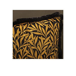 Lüks Kadife 43x43 Cm Kırlent Kılıfı Dekoratif Yumuşak Salon Avangart Saçaklı Sarı Siyah Sarı Yaprak
