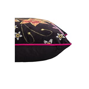Lüks Kadife 43x43 Cm Kırlent Kılıfı Dekoratif Yumuşak Salon Koltuk Avangart Biyeli Siyah Siyah Pembe Çiçekler