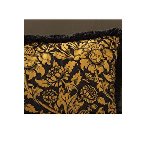 Lüks Kadife 43x43 Cm Kırlent Kılıfı Dekoratif Yumuşak Salon Avangart Saçaklı Sarı Siyah Sarı Çiçek