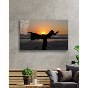 Gün Batımı Deniz Manzarası Sahilde Yoga Yapan Kadın 36x23 cm
