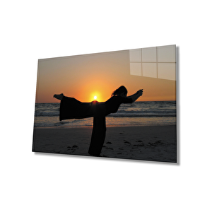 Gün Batımı Deniz Manzarası Sahilde Yoga Yapan Kadın 50x70 cm