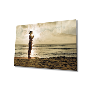 Gün Batımı Sahilde Yoga Yapan Kadın 50x70 cm