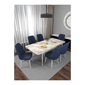 Riff Efes 80x130 Açılabilir Masa, 6 Kişilik Yemek Masası, Mutfak Masası , Masa Takımı, Masa Sandalye Takımı - Lacivert Lacivert