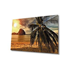 Gün Batımı Deniz Palmiye Manzara Cam Tablo 50x70 cm