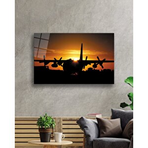 Gün Batımında Uçak Cam Tablo 90x60 cm