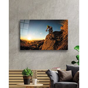 Gün Batımı Manzarasında Bisiklet Sporcusu Cam Tablo 50x70 cm