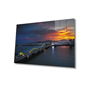 Gün Batımı Şehir Köprü Manzara Cam Tablo 50x70 cm