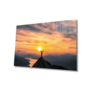 Gün Batımı Dağ İnsan Irmak Manzaralı Cam 50x70 cm