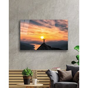 Gün Batımı Dağ İnsan Irmak Manzaralı Cam 50x70 cm