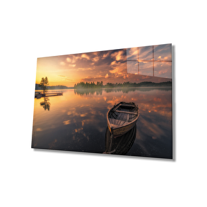 Gün Batımı Göl Kayık Manzara Cam Tablo 50x70 cm