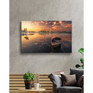 Gün Batımı Göl Kayık Manzara Cam Tablo 50x70 cm