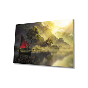 Gün Batımında Kırmızı Yelkenli Cam Tablo 90x60 cm