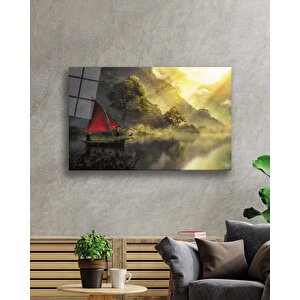 Gün Batımında Kırmızı Yelkenli Cam Tablo 90x60 cm